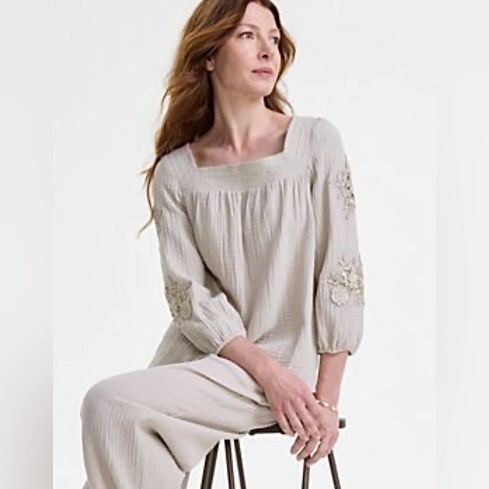 NWT JM Collection Tan Smocked Embroidered Cotton Blouse 3/4 Sleeve